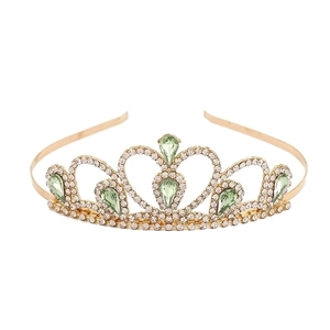 Golden alloy princess crown headband with clear rhinestones and green teardrop crystals