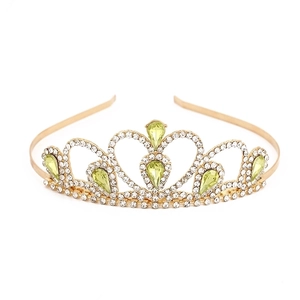 Elegant gold plated princess crown headband with green rhinestones for young girls
