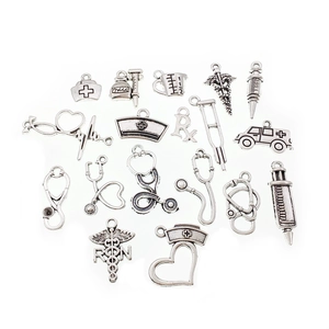Detailed set of silver medical charms including stethoscopes and nurse hats for jewelry DIY