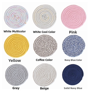 Detail showing nine colorful woven cotton coasters with spiral texture in a grid layout