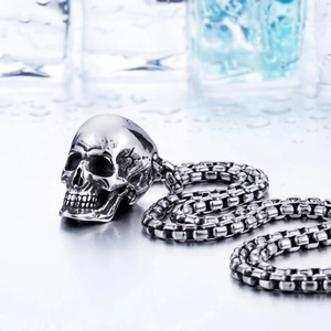 Gothic silver skull pendant on square box chain made of polished stainless steel