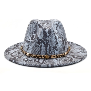 Close-up of snakeskin pattern fedora hat with leopard band and gold star buckle