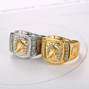 Men Horse Head Ring Stainless Steel Iced Out Cubic Zirconia Gold Plated Hip Hop Horseshoe Jewelry