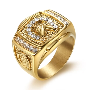 Hip hop gold plated titanium ring featuring a horse head design with white zircon stones