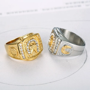 Hip hop style horse head ring in gold and silver finish with sparkling zircon stones