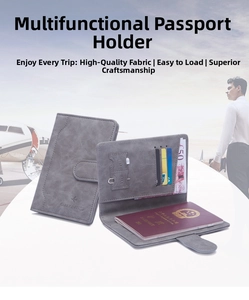 Detail of grey RFID passport wallet showing interior card slots and SIM card holders