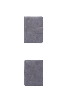Detailed front and back view of a gray RFID PU leather passport wallet with snap closure