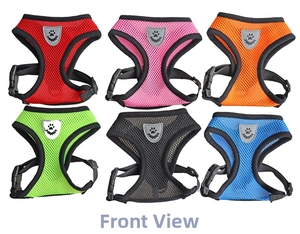 Detail view of breathable mesh pet harnesses in six colors with reflective paw logos