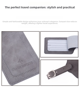 Gray PU leather luggage tag featuring privacy cover and detailed contact info card