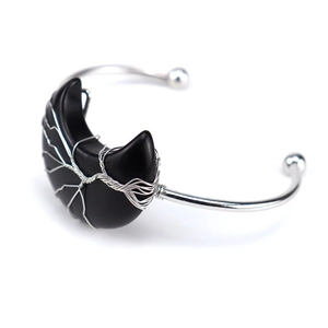 Silver wire wrapped Tree of Life moon bangle with black natural stone detail