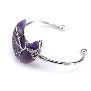 Silver wire-wrapped tree of life moon bracelet with purple amethyst natural stone