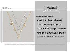 Detail showing S925 sterling silver star necklaces in gold and silver with dimensions