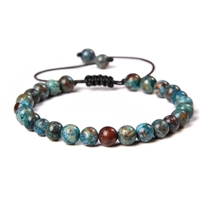 Adjustable 6mm tiger eye stone beaded bracelet with blue and brown braided cord