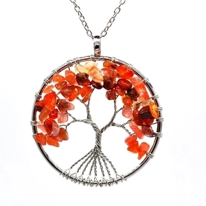 7 Chakra Tree of Life necklace with natural orange crystal chips and silver wire wrap