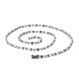 Polished stainless steel oval bead chain necklace in silver spiral arrangement