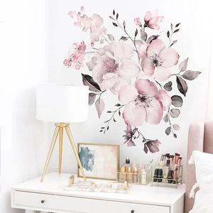 Watercolor pink flowers and leaves wall decal sticker for bedroom home wall decoration