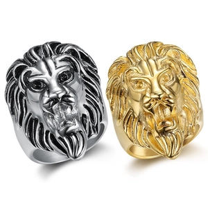 Punk style lion head rings for men in gold and silver finish stainless steel