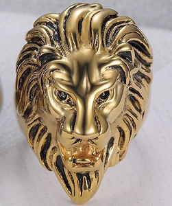 Retro hip-hop gold lion head ring for men made of durable polished titanium steel