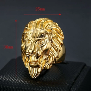 Macro detail of gold lion head ring showing dimensions 36mm height and 25mm width