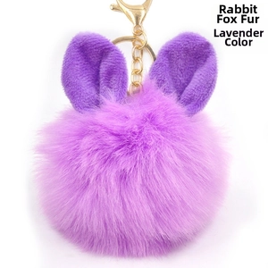 Detailed close-up of fluffy taro purple rabbit fur keychain with cute ears and gold clasp