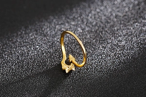Close-up of golden wrap ring featuring a star and arrow head on black textured background
