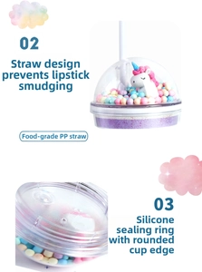 Detail of food-grade PP straw and leak-proof silicone seal on unicorn water bottle