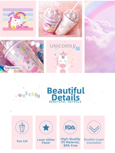 Detail of a pink unicorn straw cup featuring a double-layer insulated wall with laser paper