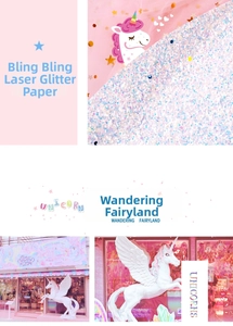 Detail showing unicorn themed laser glitter paper with iridescent finish and pink tones