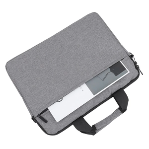 Slim grey laptop sleeve with handle and front pocket, lightweight fabric briefcase