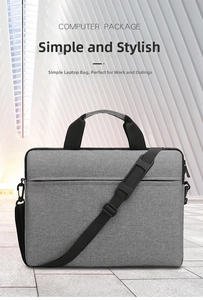 Frontdetail der grauen Laptoptasche mit schwarzen Griffen und Schultergurt