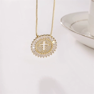 Exquisite gold copper necklace featuring a micro-pave zircon round cross pendant