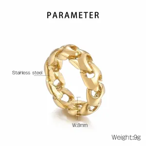 Macro detail of 8mm gold stainless steel ring with curb chain inlay design and high polish