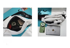 Details zur Kapazität der weißen Canvas-Brusttasche im Vergleich zu iPad und Handy