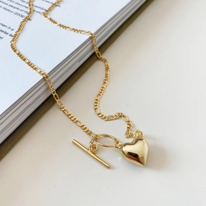 Heart Pendant Necklace 925 Sterling Silver Figaro Chain Toggle Clasp French Style Elegant Jewelry For Women