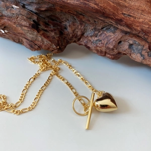 925 silver golden heart pendant necklace with Figaro chain and OT buckle detail