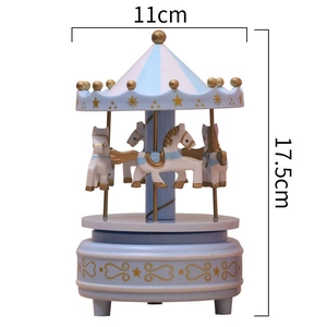 Blue and white carousel music box with size markers showing 11cm width and 17.5cm height