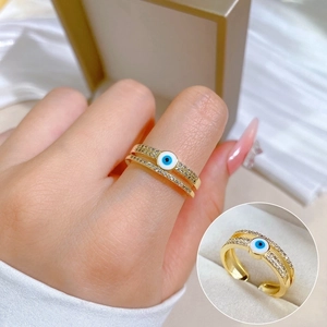 Evil Eye Ring Gold Plated Brass Micro Pave Zircon Double Layer Adjustable Opening Fashion Jewelry For Women