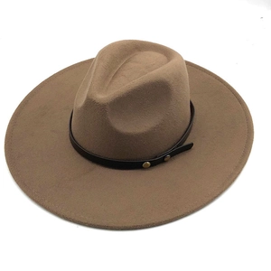 Classic camel wide brim wool fedora hat with black faux leather band and gold studs