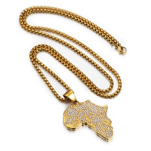 Hip-hop gold Africa map pendant necklace with micro-pave crystals on link chain