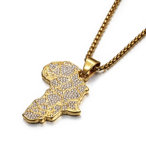Stainless Steel Africa Map Pendant Necklace Gold Color Rhinestone Map Charm Hip Hop Street Style Jewelry For Men Women