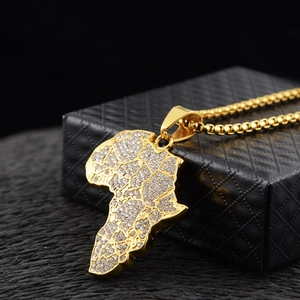 Hip hop gold plated Africa map pendant necklace with crystal rhinestones on box chain