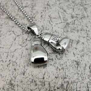 Polished stainless steel hip hop necklace featuring double boxing glove pendants on box chain