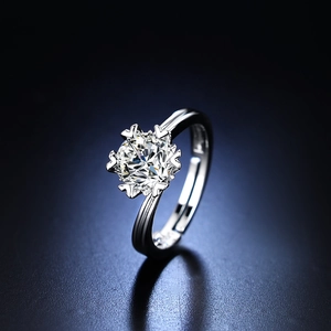 Macro shot of silver six-prong snowflake setting with brilliant round cut diamond