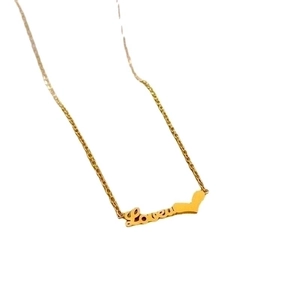 Minimalist titanium steel gold necklace featuring Loveu script pendant and heart design