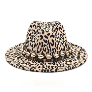 Classic leopard print wool felt fedora hat with brown band and shell decoration