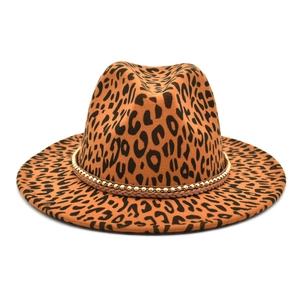 Mens leopard print fedora hat with gold bead chain trim and classic wide brim style