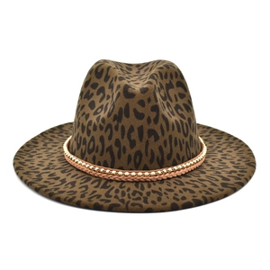 Men's leopard print fedora hat with gold chain and braided rope decoration
