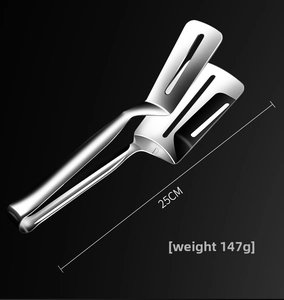 Detail view of 25cm stainless steel kitchen tong showing oil drainage slots and 147g weight