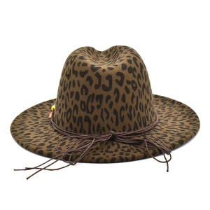 Wide brim leopard print wool felt fedora hat with ethnic beaded braided band decoration