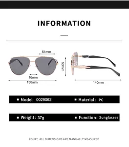 Guide des tailles détaillé montrant les dimensions des lunettes de soleil aviateur